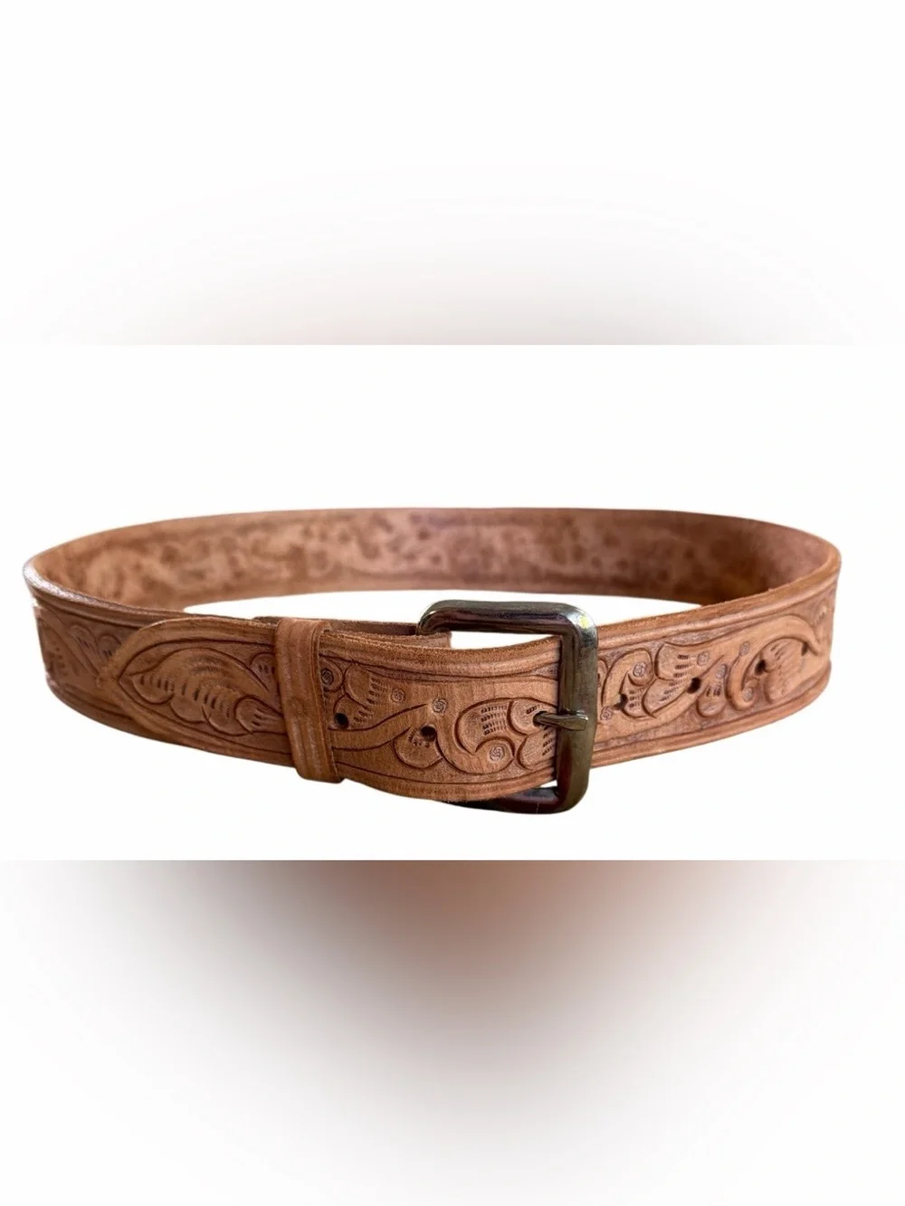 Hand-Tooled Leather Belt in Light Brown with Floral Motif